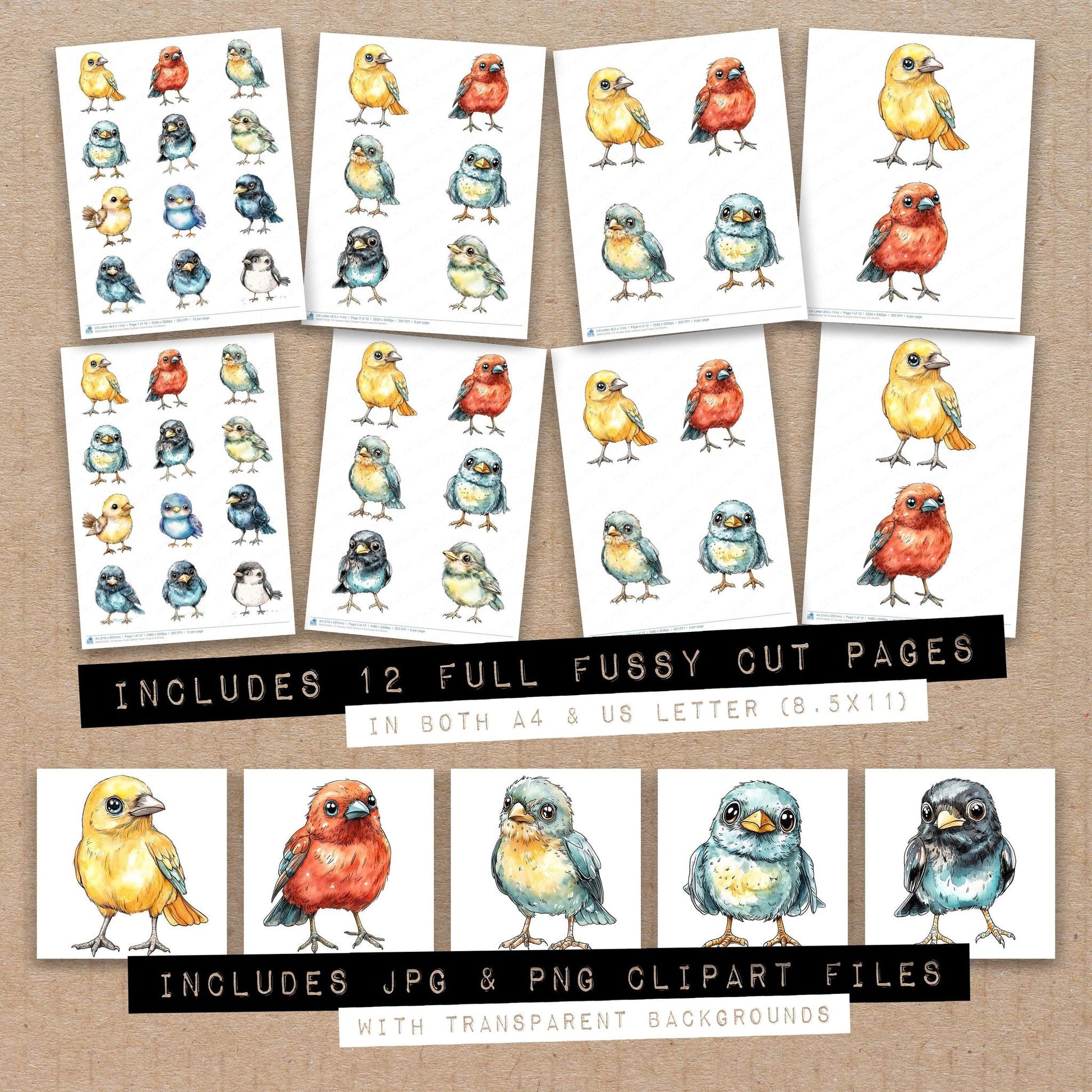 DDD010558_FC Nursery Style Cartoon Crow Fussy Cut Sheets