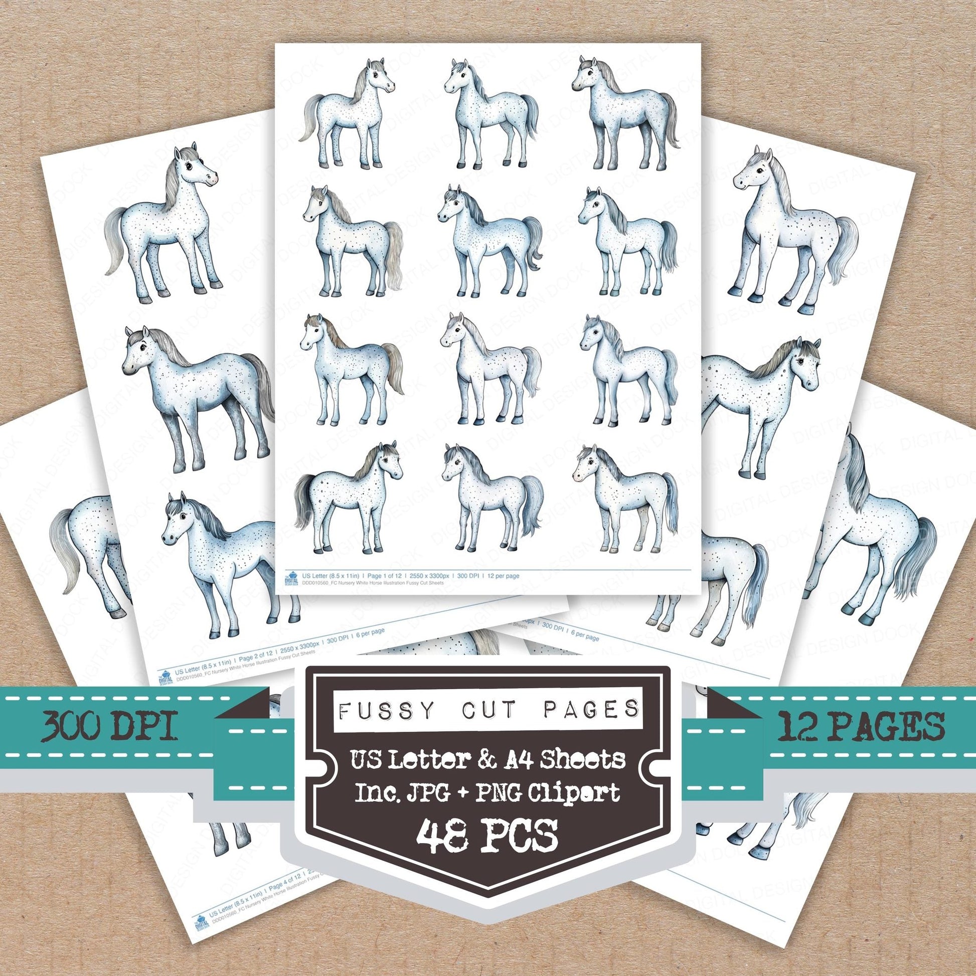 DDD010560_FC Nursery White Horse Illustration Fussy Cut Sheets