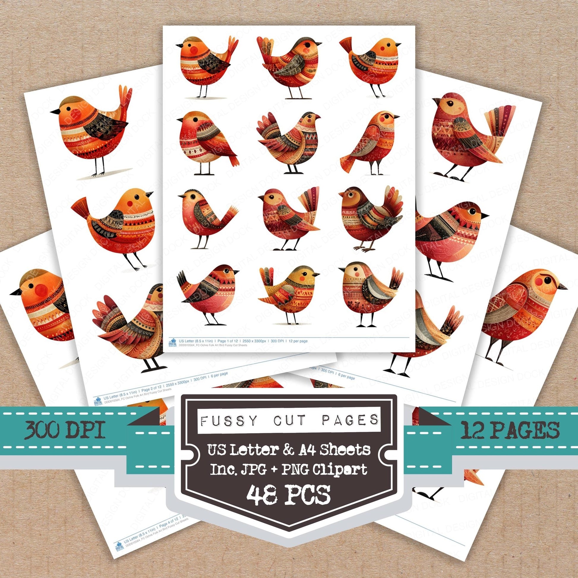 DDD010564_FC Ochre Folk Art Bird Fussy Cut Sheets
