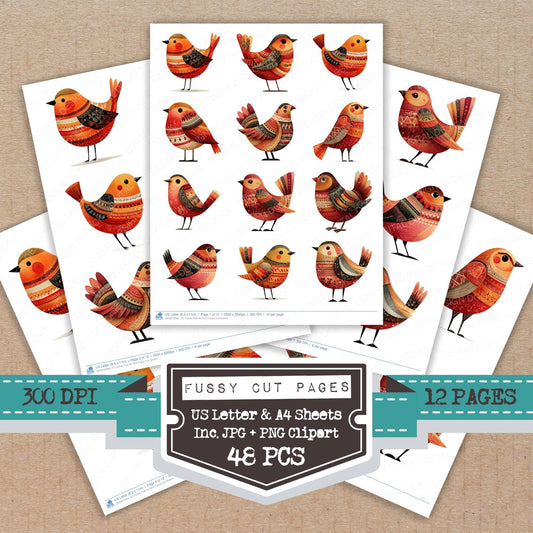 DDD010564_FC Ochre Folk Art Bird Fussy Cut Sheets