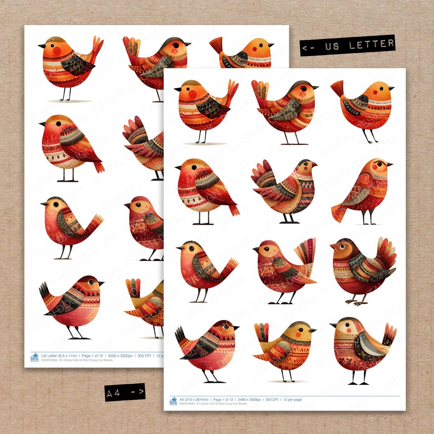 DDD010564_FC Ochre Folk Art Bird Fussy Cut Sheets