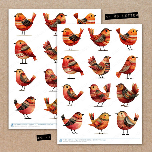 DDD010564_FC Ochre Folk Art Bird Fussy Cut Sheets