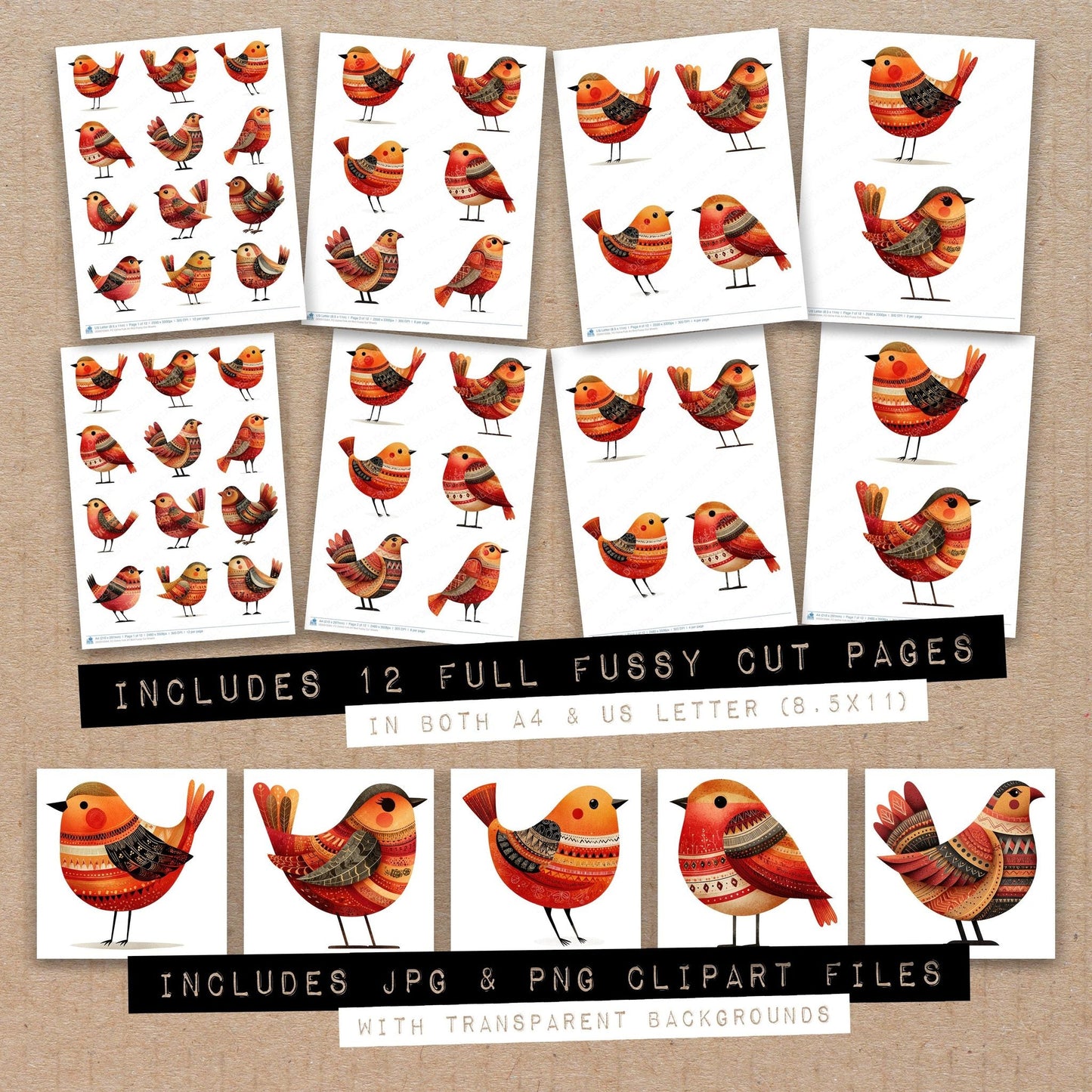 DDD010564_FC Ochre Folk Art Bird Fussy Cut Sheets