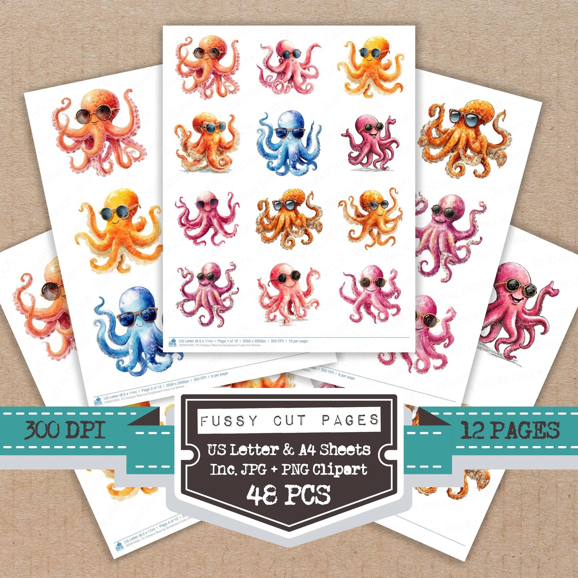 DDD010565_FC Octopus Wearing Sunglasses Fussy Cut Sheets