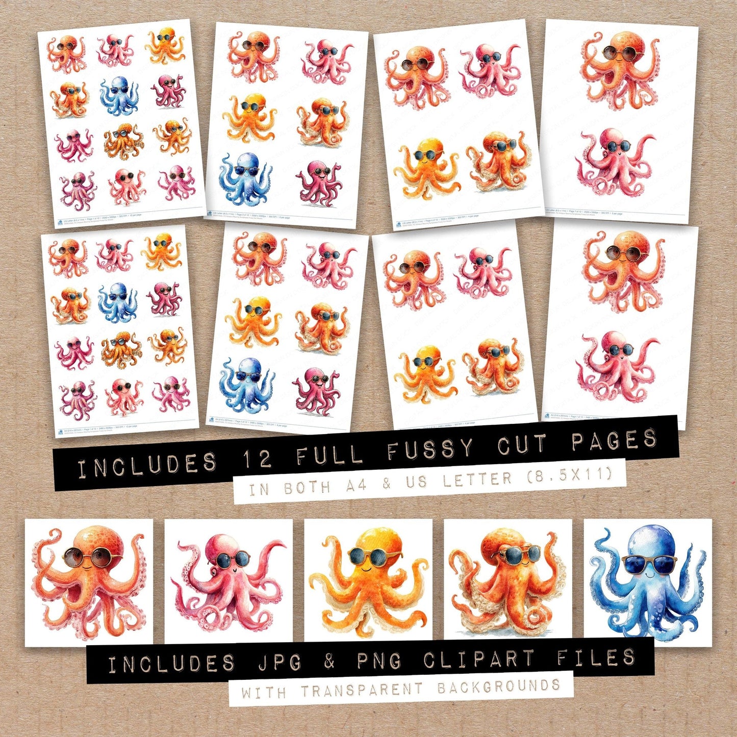DDD010565_FC Octopus Wearing Sunglasses Fussy Cut Sheets