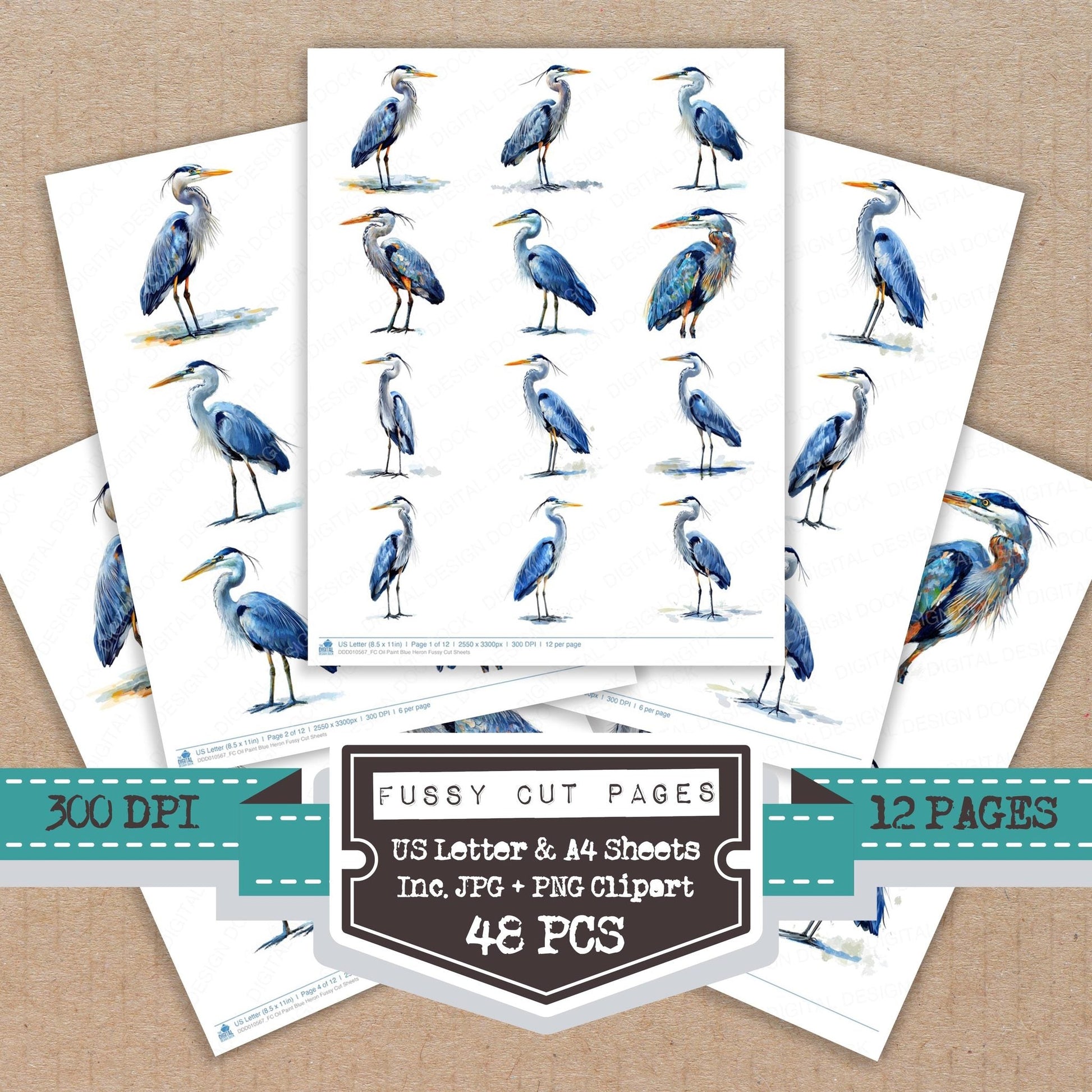 DDD010567_FC Oil Paint Blue Heron Fussy Cut Sheets