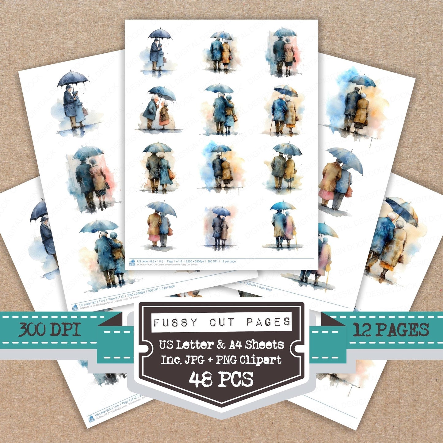 DDD010574_FC Old Couple Under Umbrella Fussy Cut Sheets