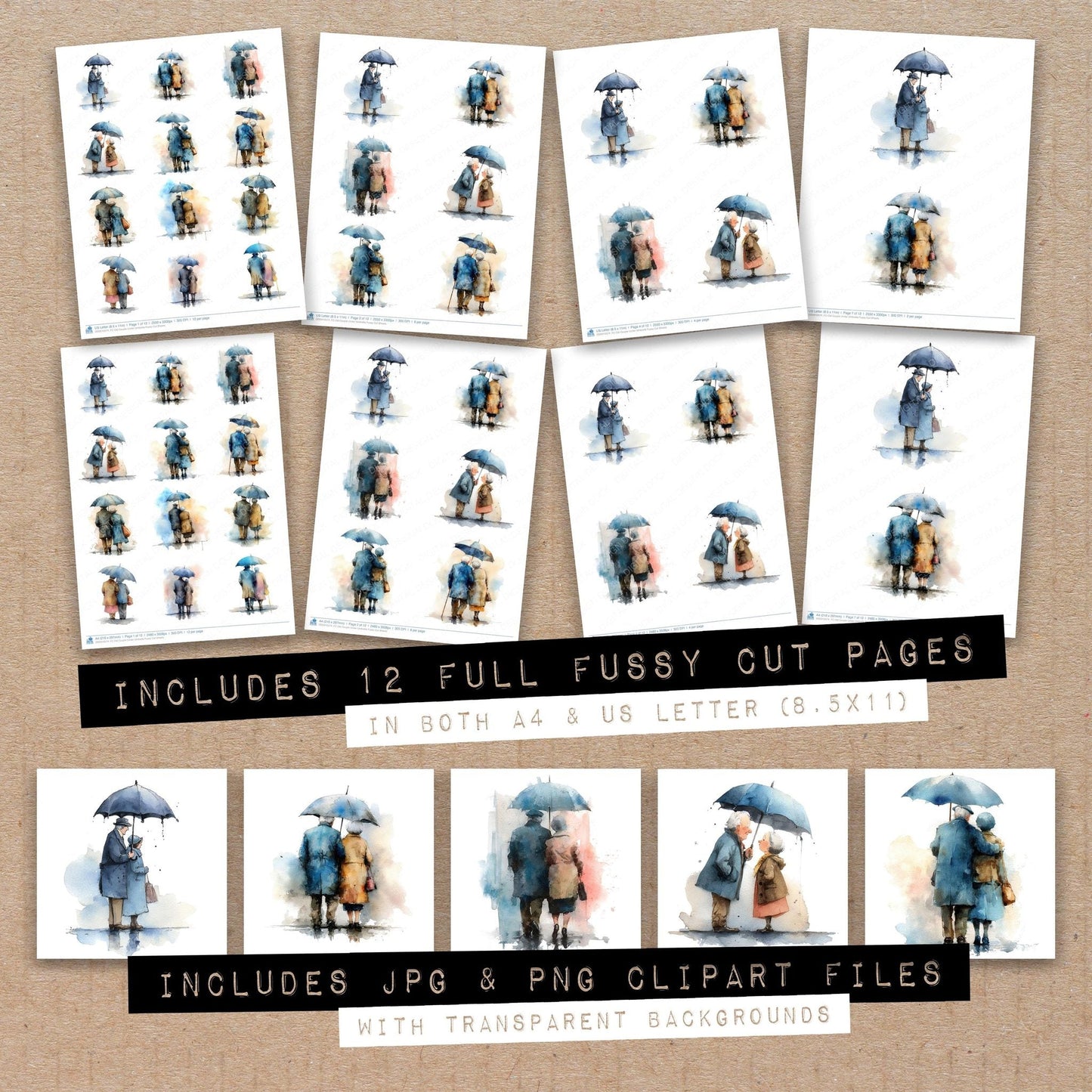 DDD010574_FC Old Couple Under Umbrella Fussy Cut Sheets