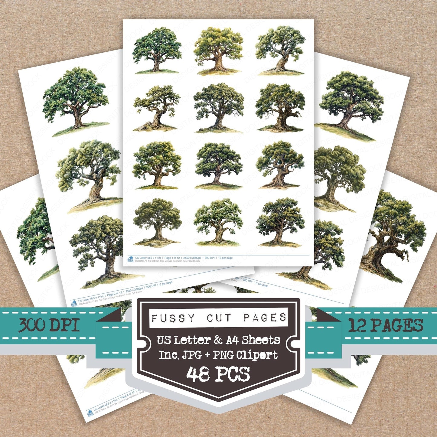 DDD010578_FC Old Oak Tree Vintage Illustration Fussy Cut Sheets
