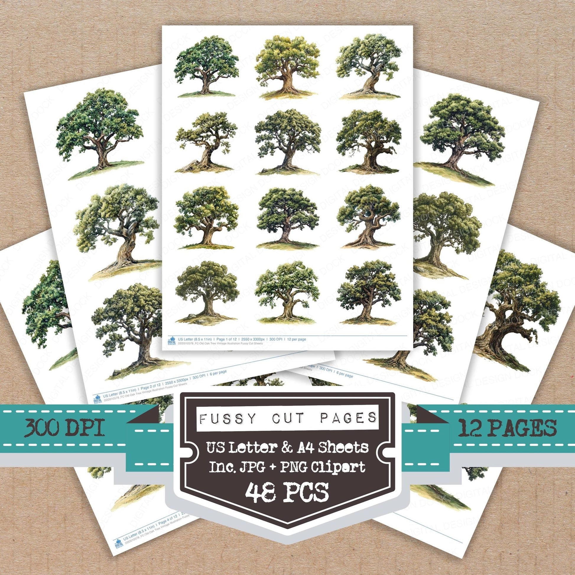 DDD010578_FC Old Oak Tree Vintage Illustration Fussy Cut Sheets