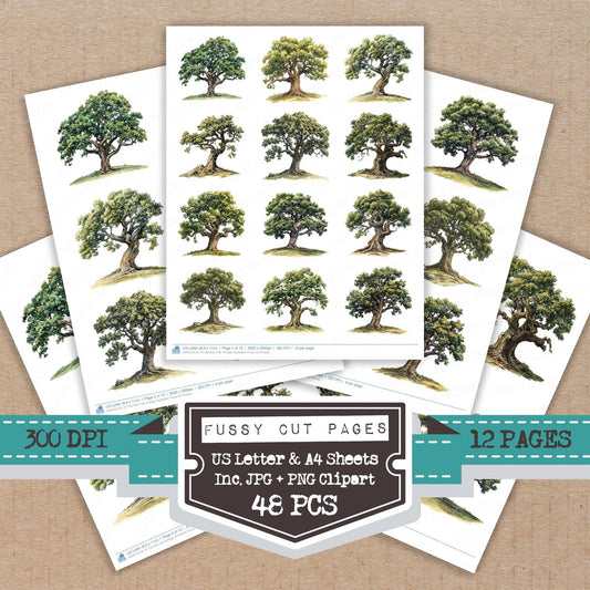 DDD010578_FC Old Oak Tree Vintage Illustration Fussy Cut Sheets