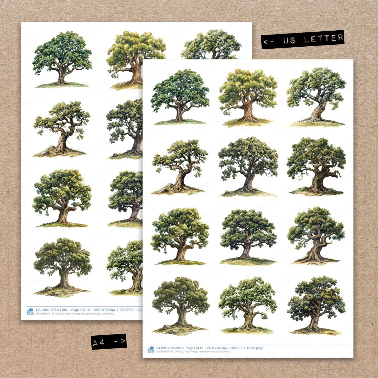 DDD010578_FC Old Oak Tree Vintage Illustration Fussy Cut Sheets