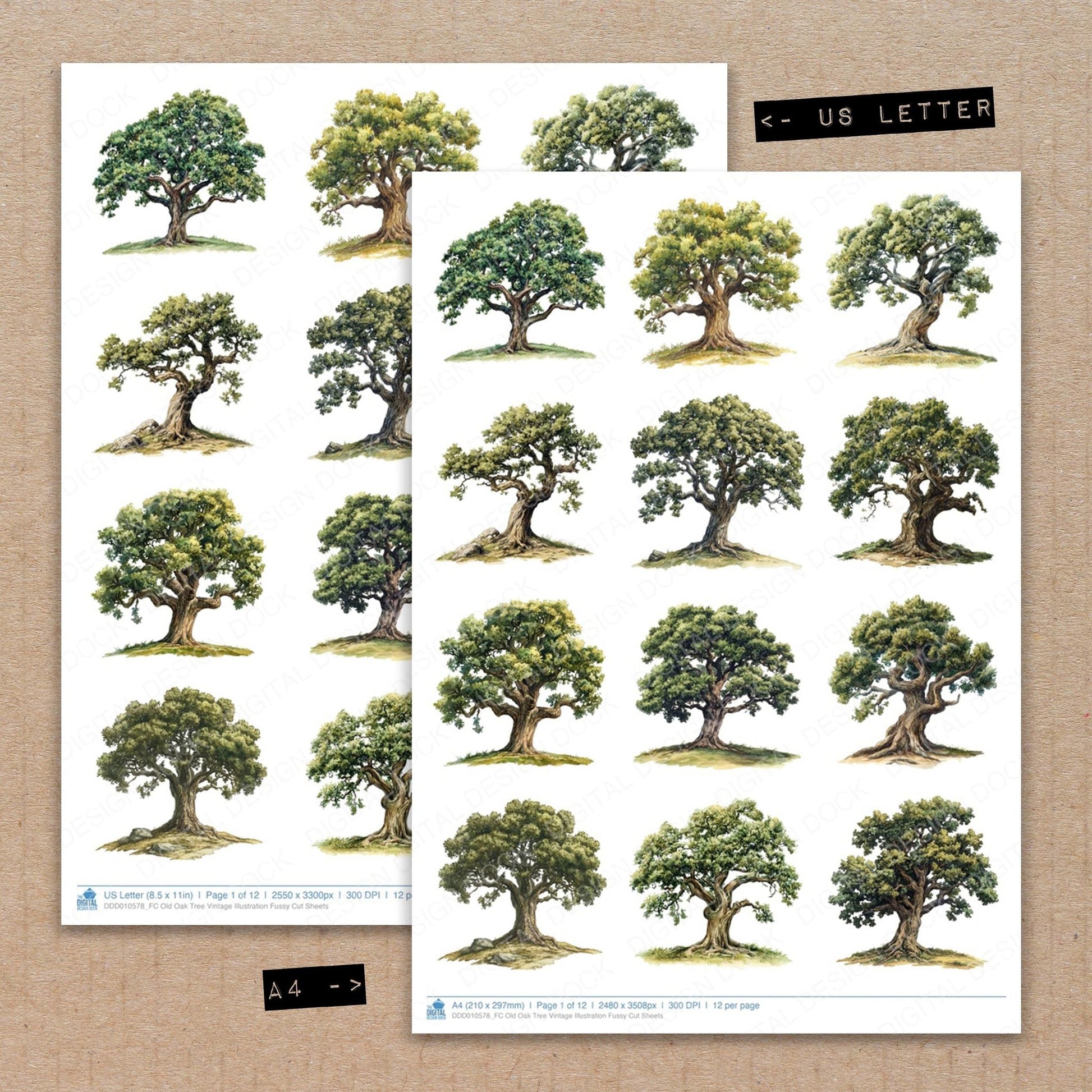 DDD010578_FC Old Oak Tree Vintage Illustration Fussy Cut Sheets