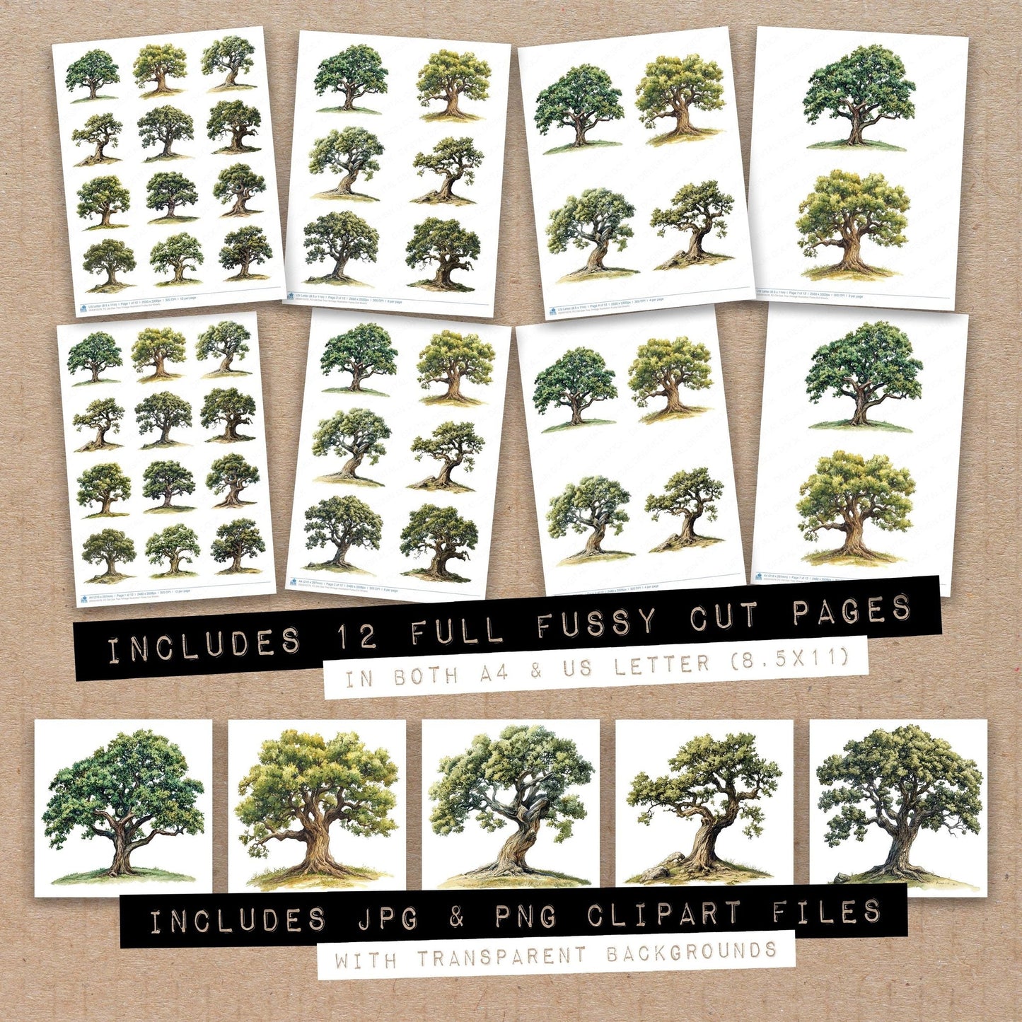 DDD010578_FC Old Oak Tree Vintage Illustration Fussy Cut Sheets