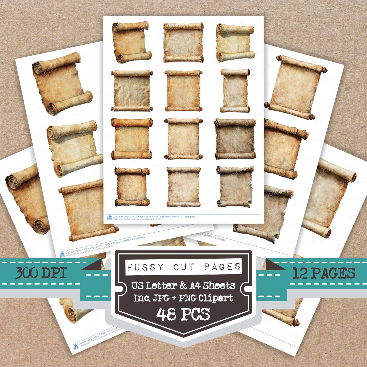 DDD010579_FC Old Vintage Paper Scroll Fussy Cut Sheets