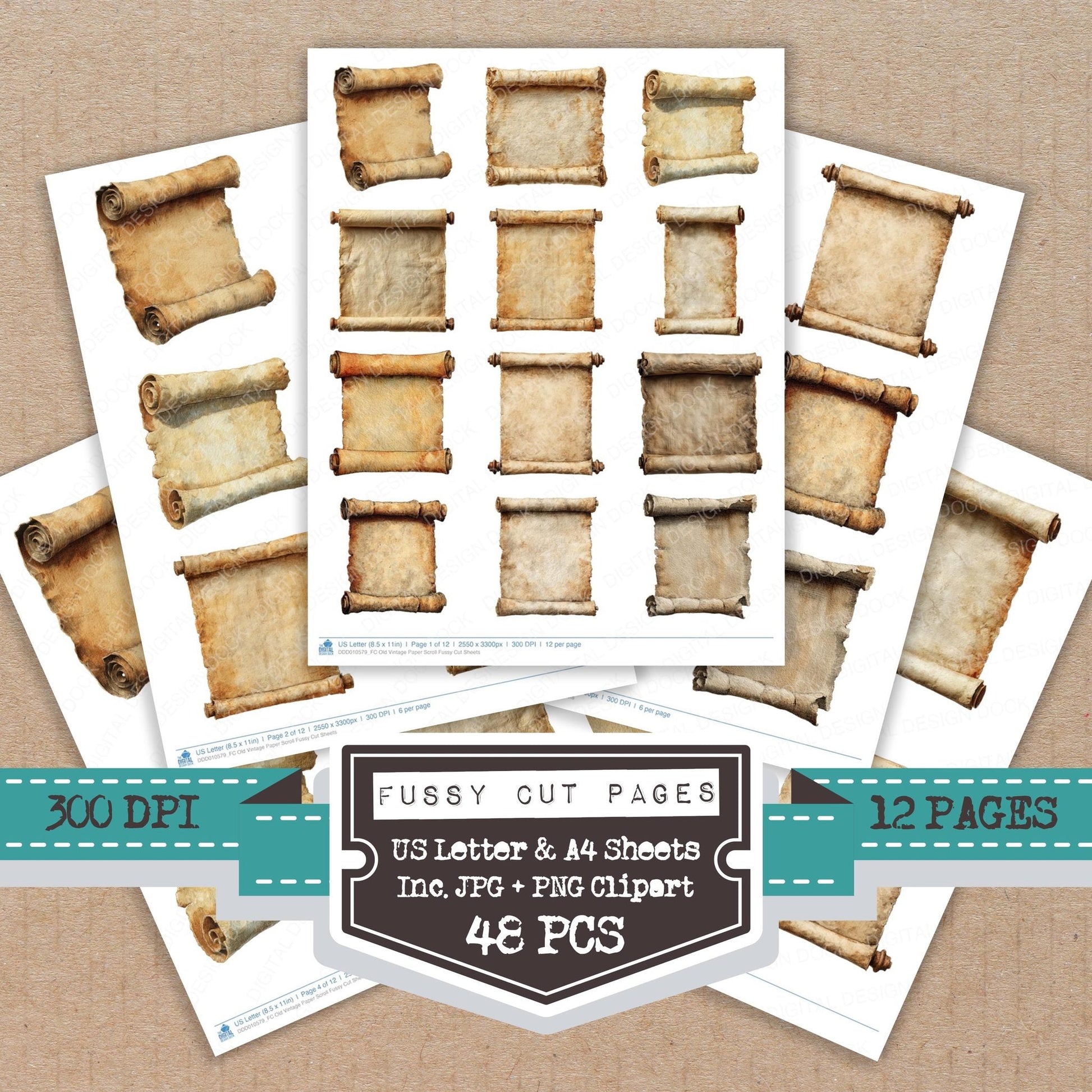 DDD010579_FC Old Vintage Paper Scroll Fussy Cut Sheets
