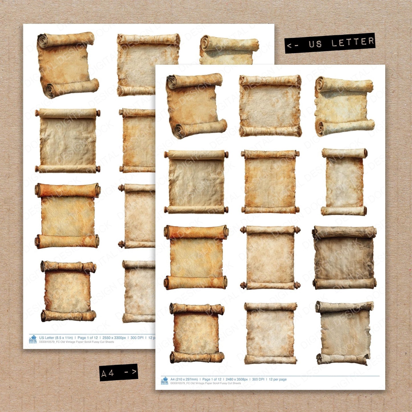 DDD010579_FC Old Vintage Paper Scroll Fussy Cut Sheets