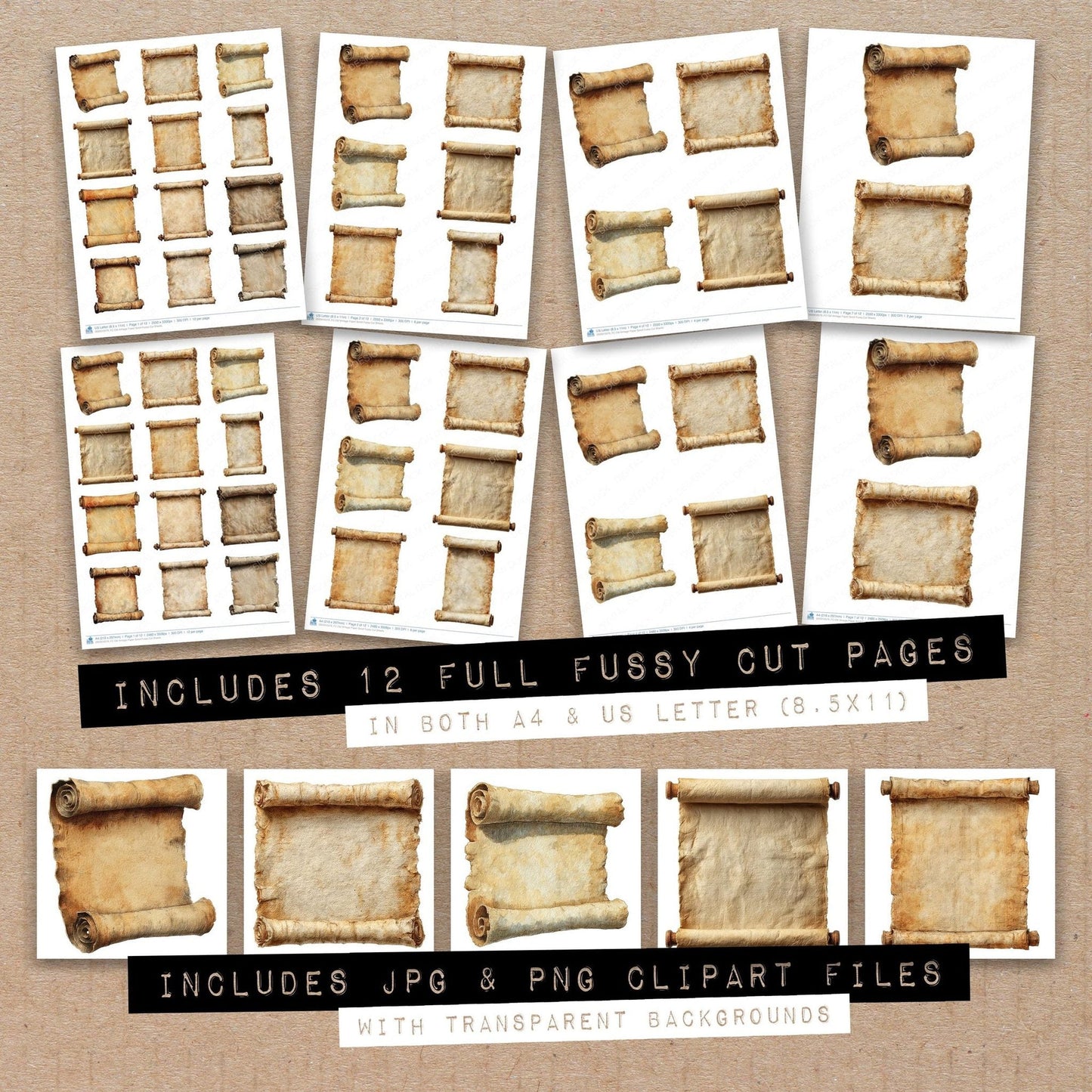 DDD010579_FC Old Vintage Paper Scroll Fussy Cut Sheets