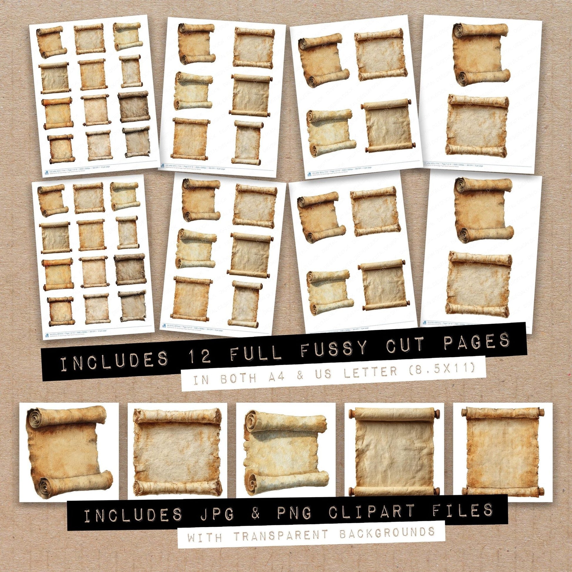DDD010579_FC Old Vintage Paper Scroll Fussy Cut Sheets