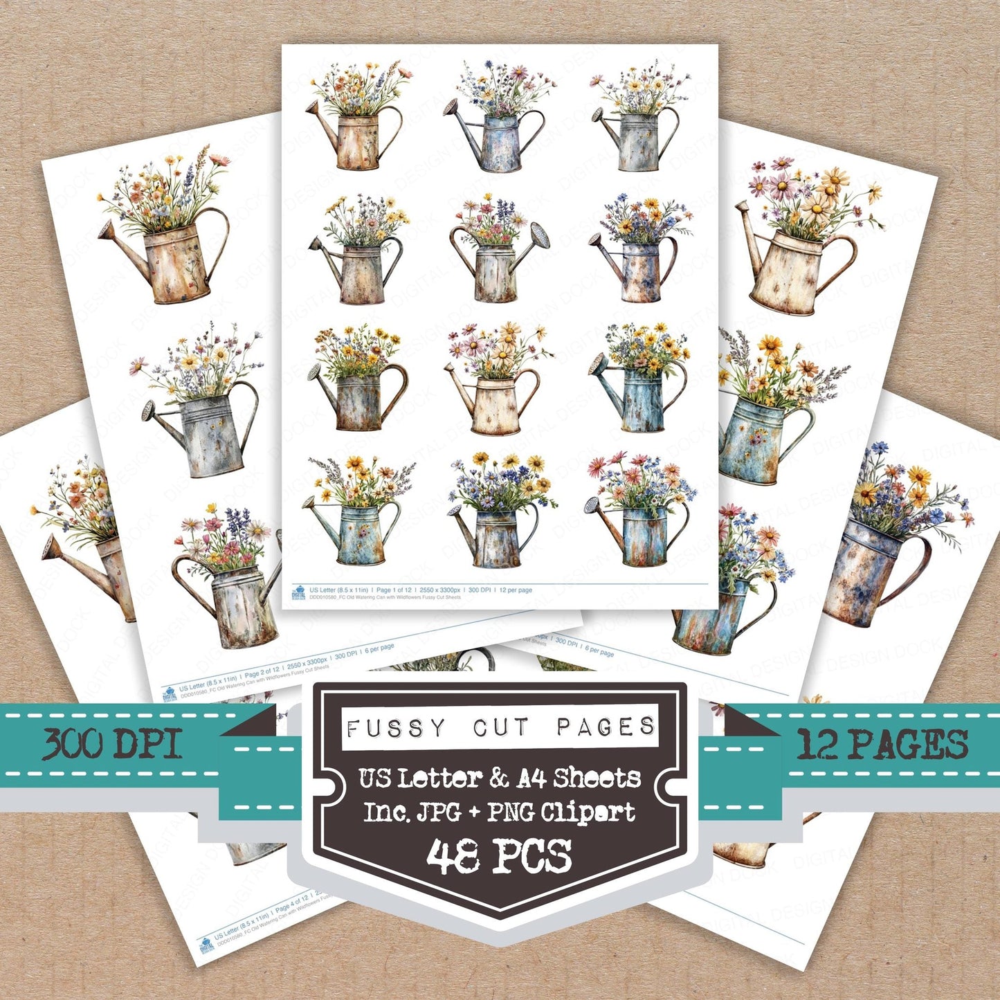 DDD010580_FC Old Watering Can with Wildflowers Fussy Cut Sheets