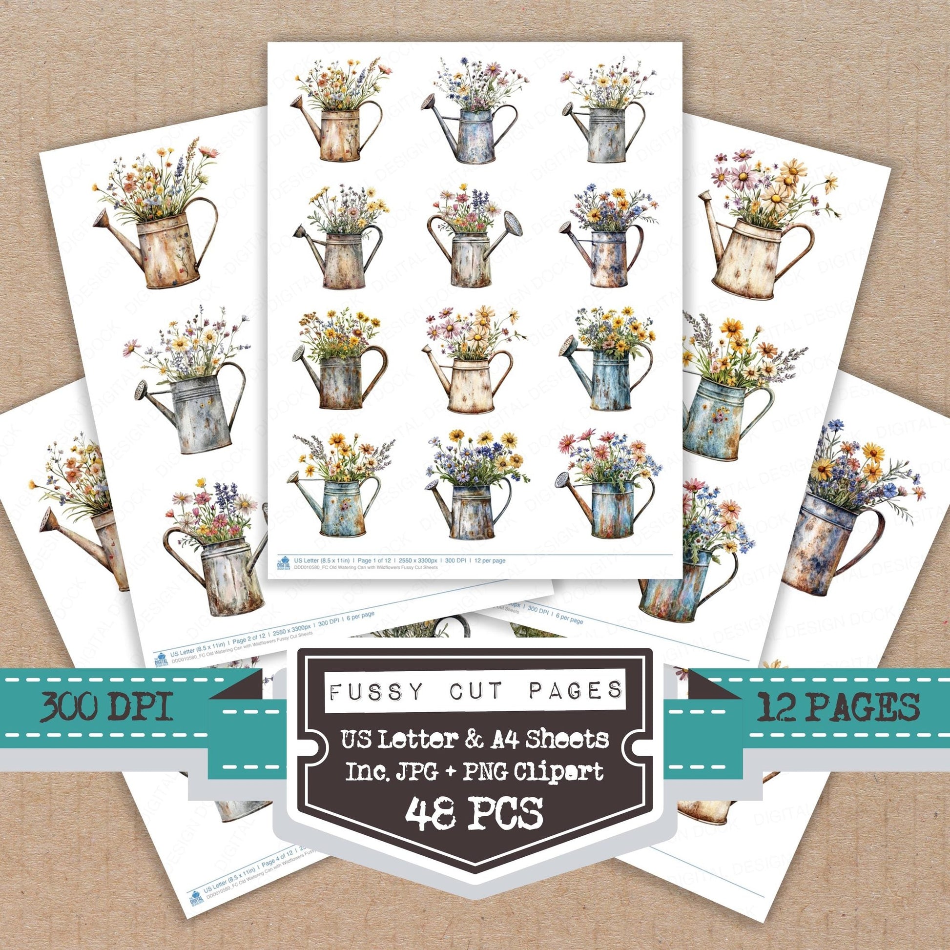 DDD010580_FC Old Watering Can with Wildflowers Fussy Cut Sheets