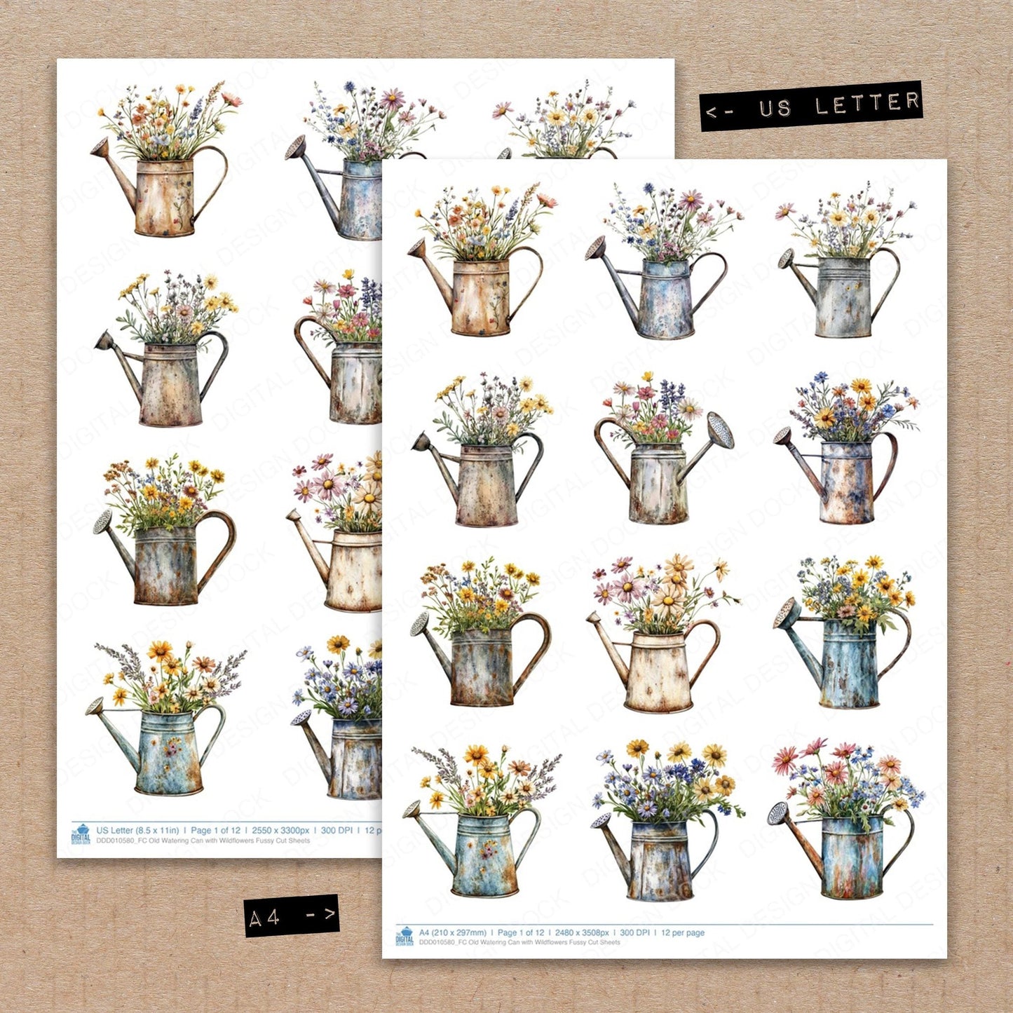 DDD010580_FC Old Watering Can with Wildflowers Fussy Cut Sheets
