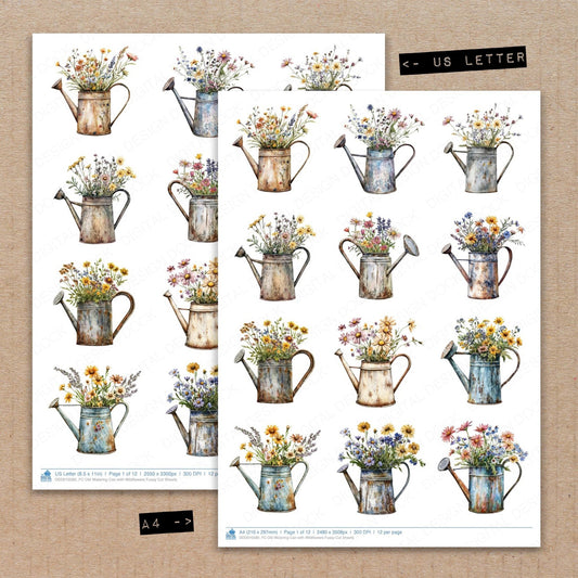 DDD010580_FC Old Watering Can with Wildflowers Fussy Cut Sheets