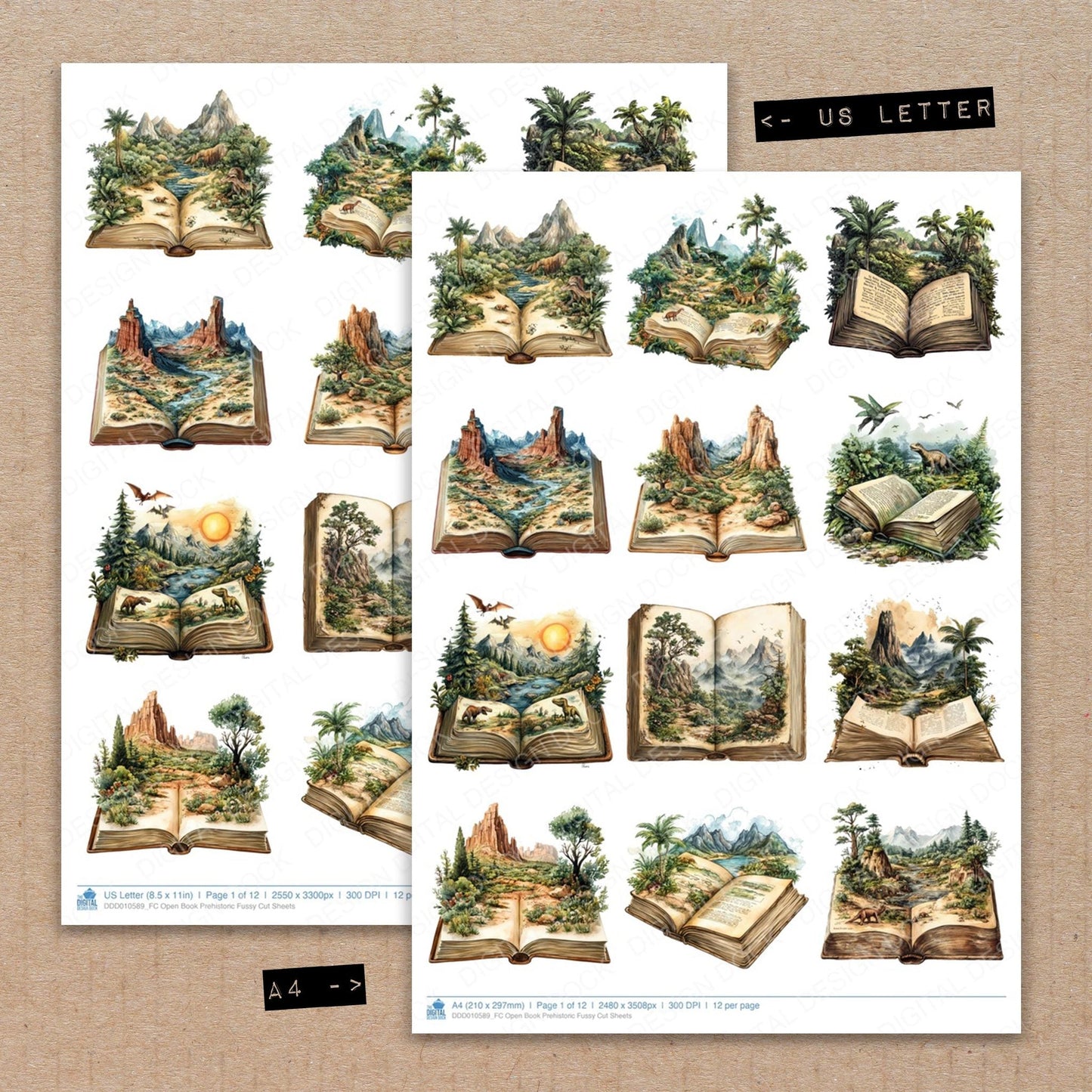 DDD010589_FC Open Book Prehistoric Fussy Cut Sheets