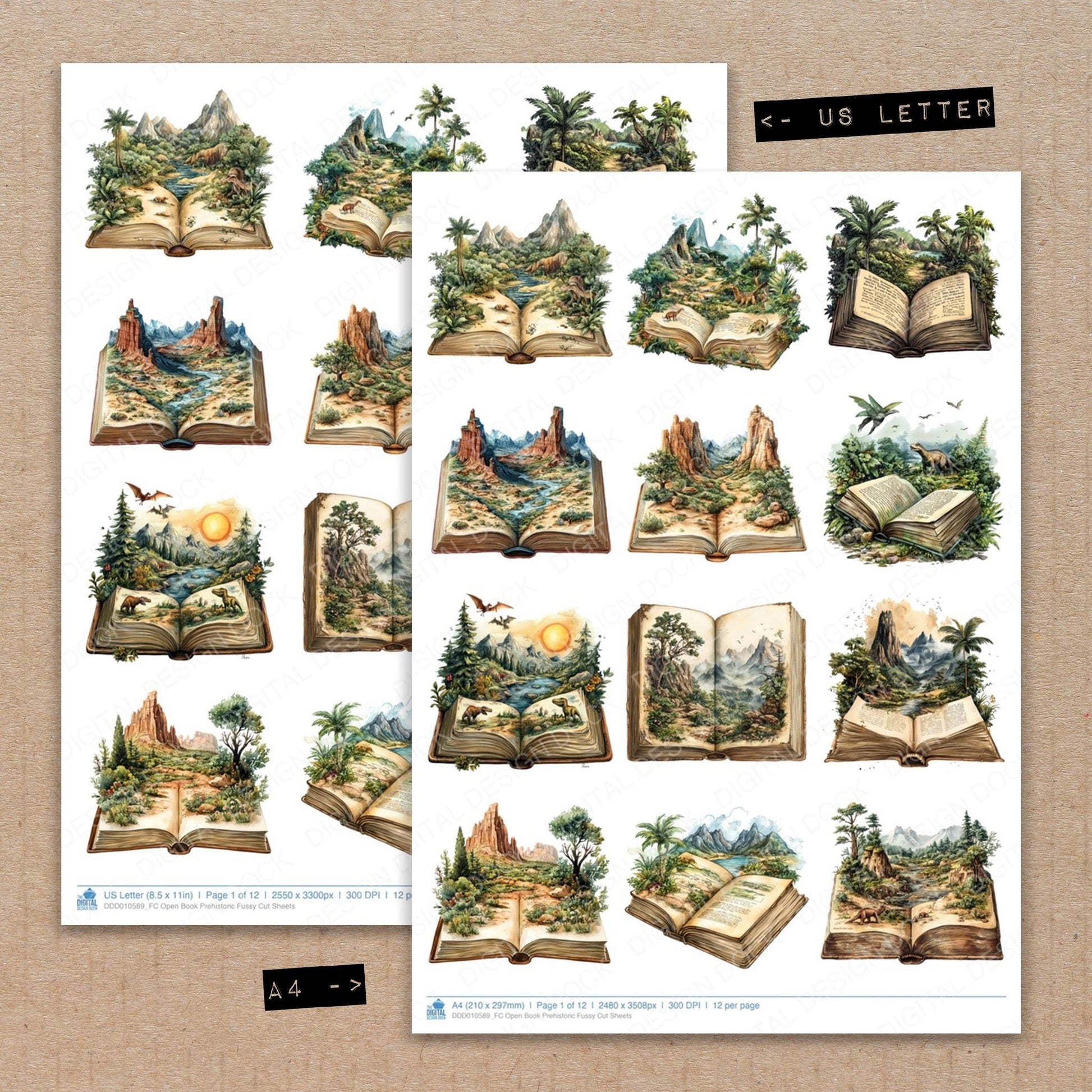 DDD010589_FC Open Book Prehistoric Fussy Cut Sheets
