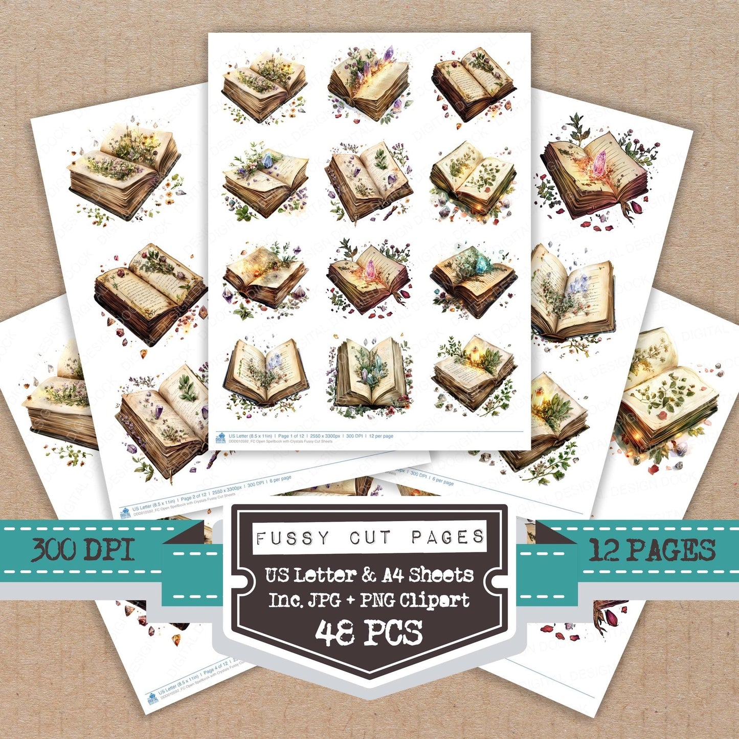 DDD010592_FC Open Spellbook with Crystals Fussy Cut Sheets