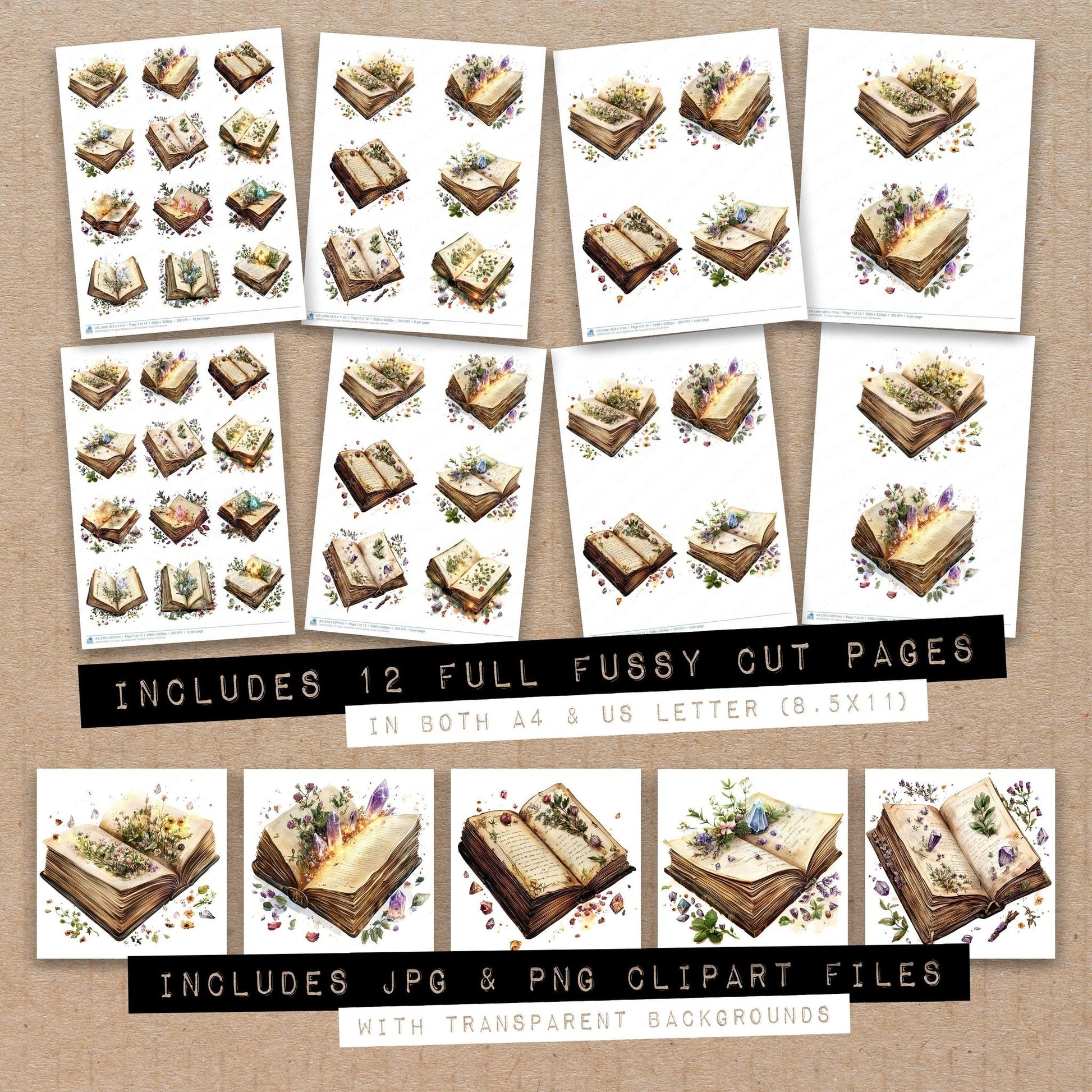 DDD010592_FC Open Spellbook with Crystals Fussy Cut Sheets