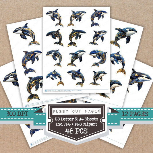 Orca Whale Baroque Blue and Gold Fussy Cut Sheets (DDD010593)