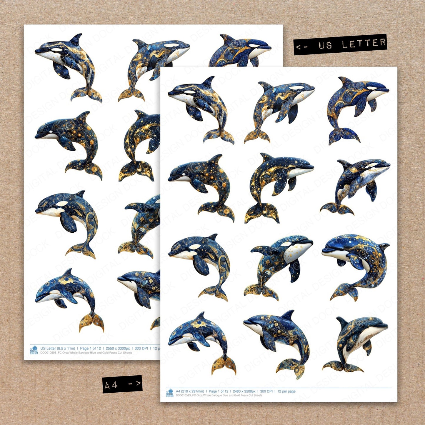 Orca Whale Baroque Blue and Gold Fussy Cut Sheets (DDD010593)