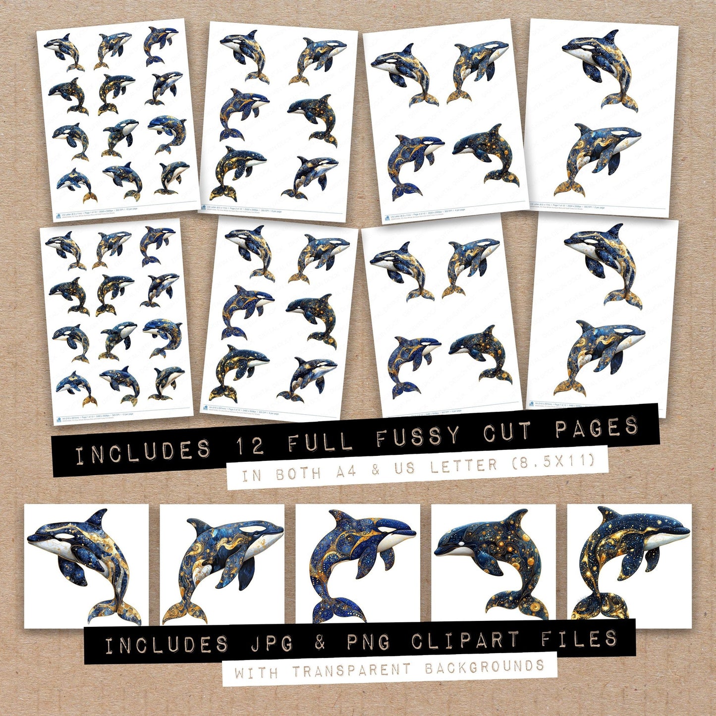 Orca Whale Baroque Blue and Gold Fussy Cut Sheets (DDD010593)