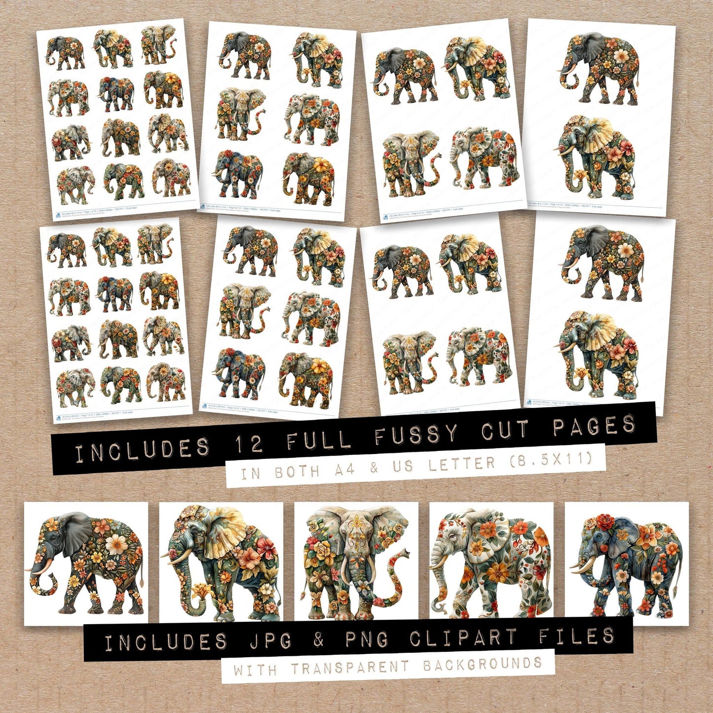 DDD010597_FC Ornate Floral Elephant Fussy Cut Sheets