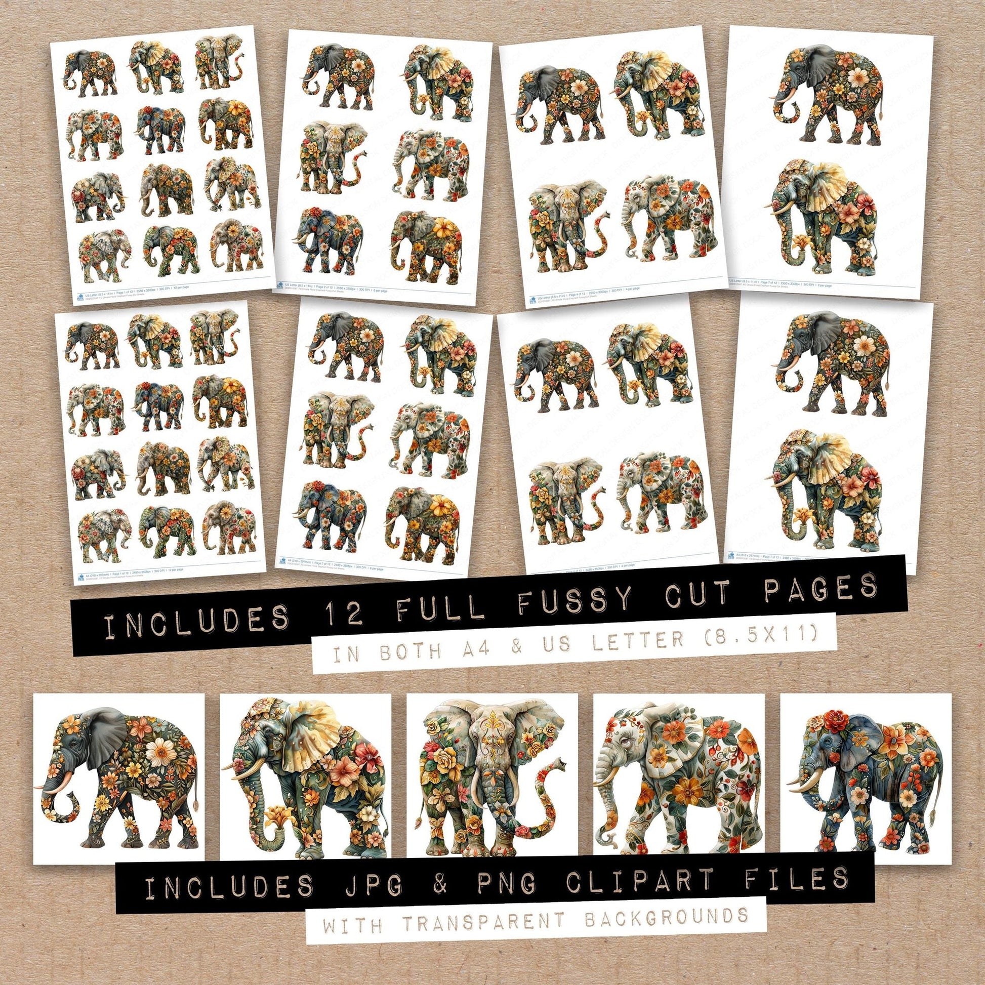 DDD010597_FC Ornate Floral Elephant Fussy Cut Sheets