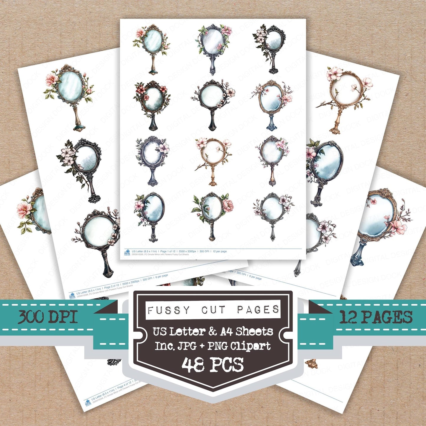 DDD010599_FC Ornate Mirror with Flowers Fussy Cut Sheets
