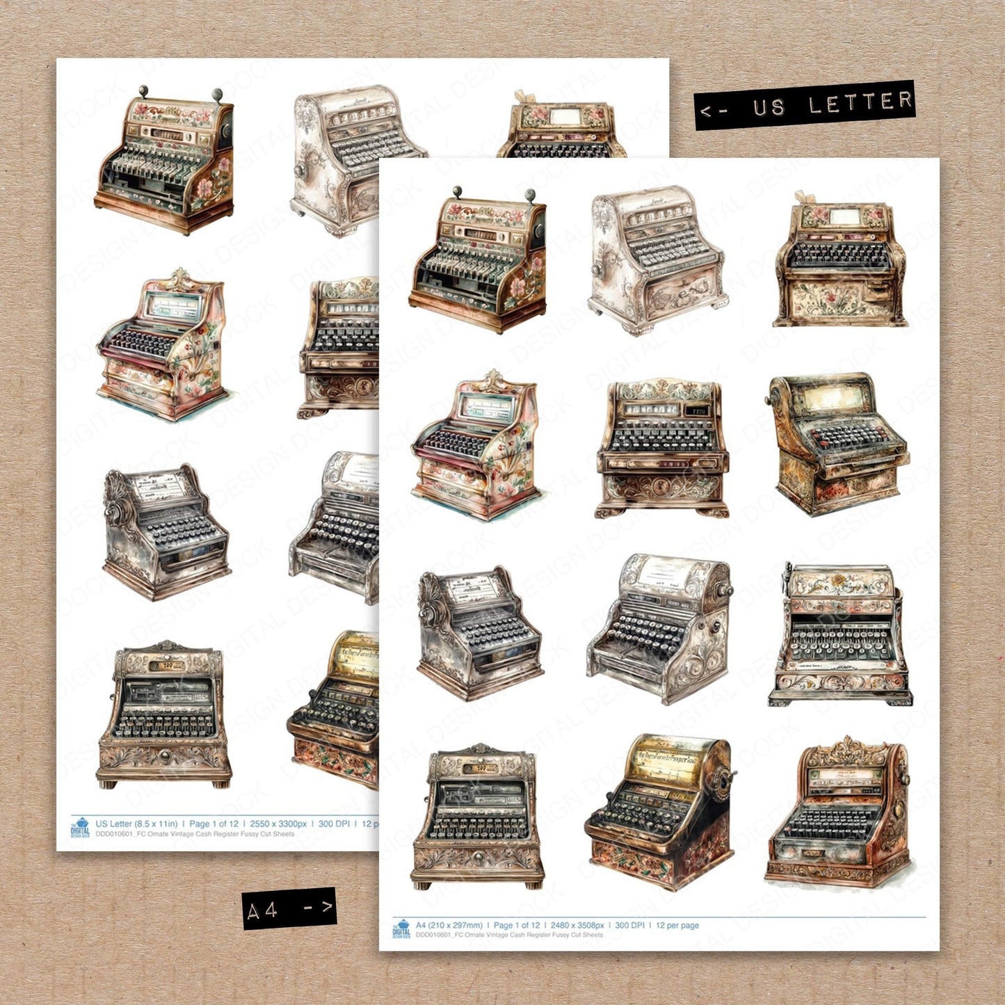 DDD010601_FC Ornate Vintage Cash Register Fussy Cut Sheets