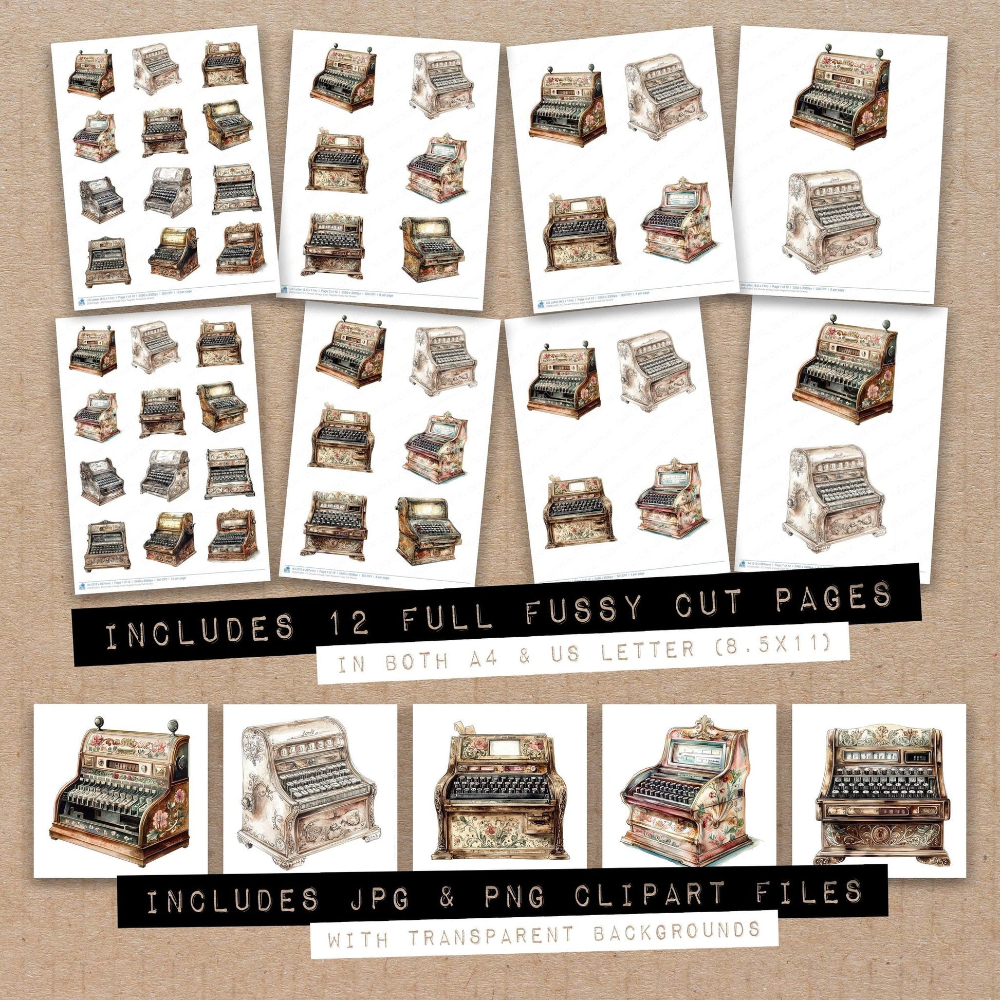 DDD010601_FC Ornate Vintage Cash Register Fussy Cut Sheets