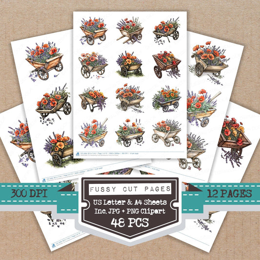 DDD010602_FC Overflowing Floral Wheelbarrow Fussy Cut Sheets