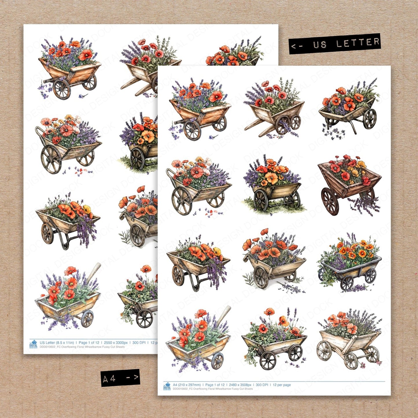 DDD010602_FC Overflowing Floral Wheelbarrow Fussy Cut Sheets