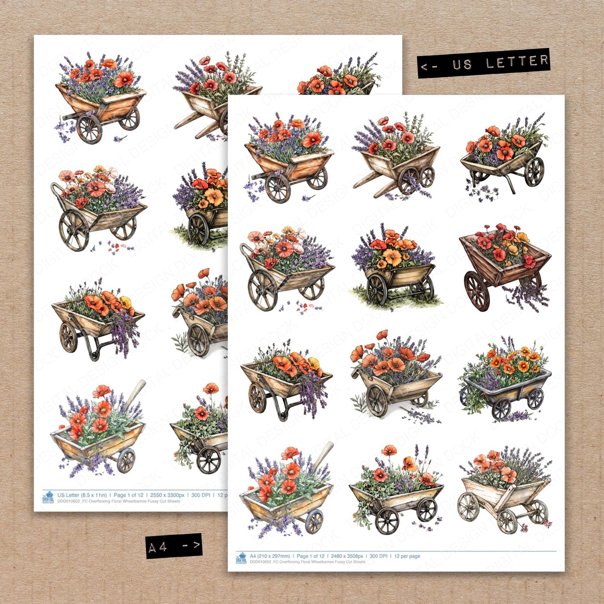 DDD010602_FC Overflowing Floral Wheelbarrow Fussy Cut Sheets