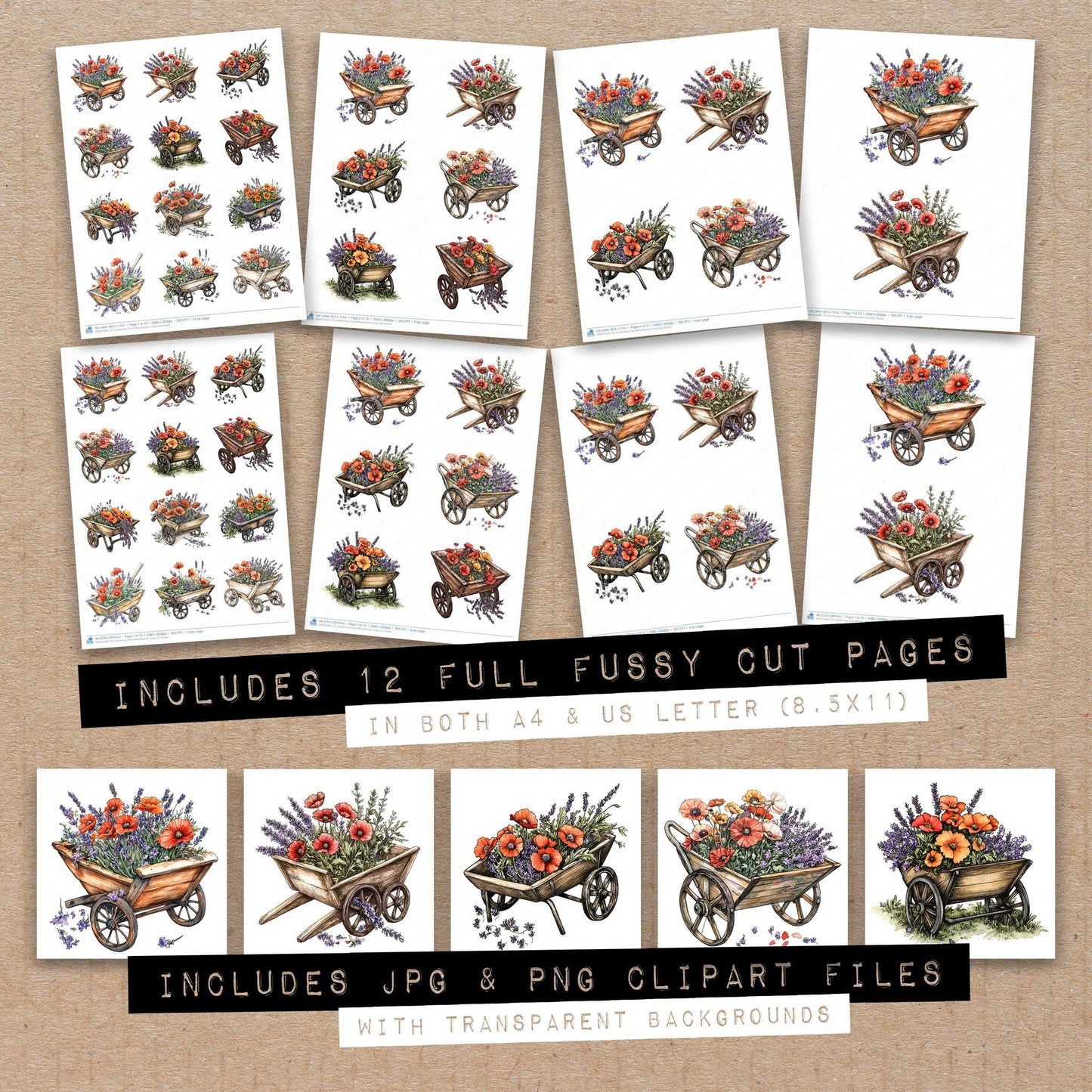 DDD010602_FC Overflowing Floral Wheelbarrow Fussy Cut Sheets