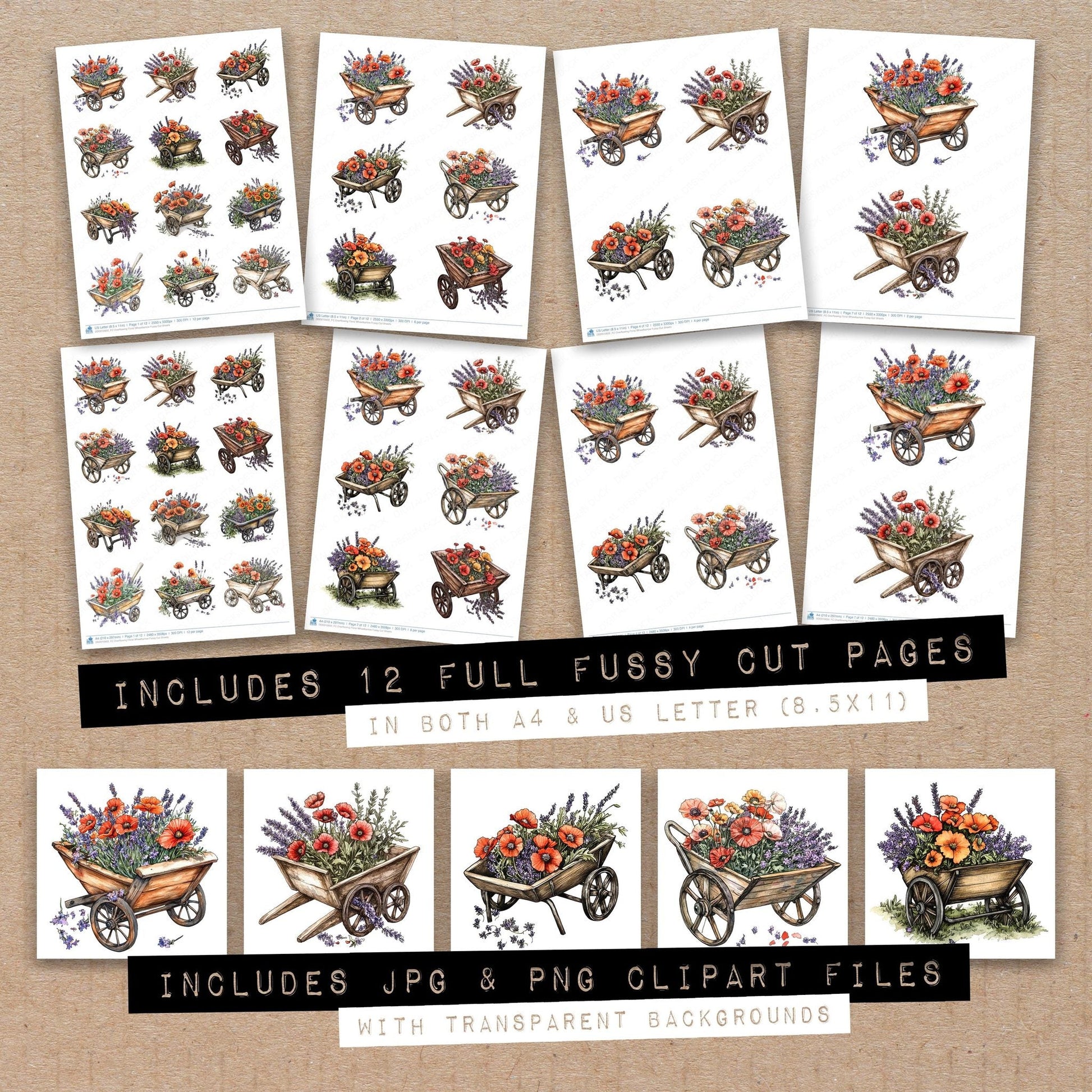 DDD010602_FC Overflowing Floral Wheelbarrow Fussy Cut Sheets
