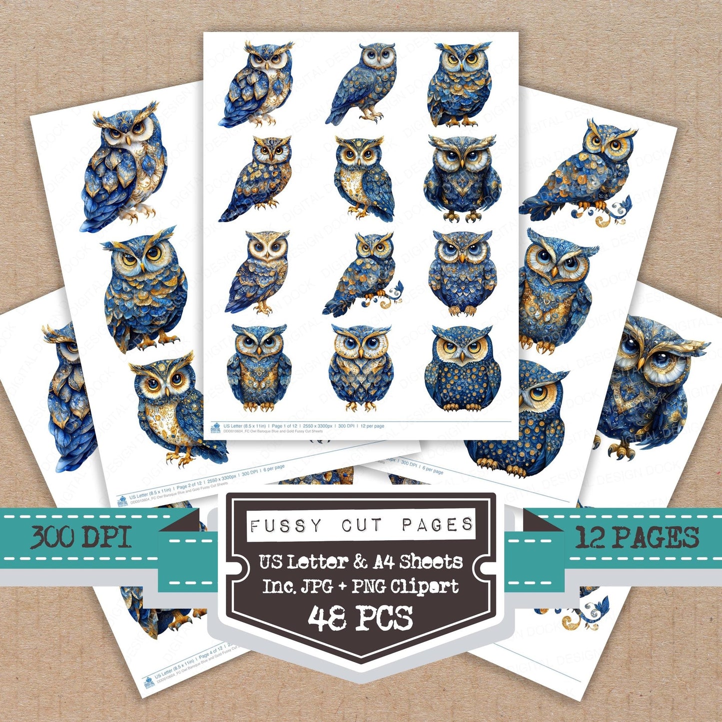 DDD010604_FC Owl Baroque Blue and Gold Fussy Cut Sheets