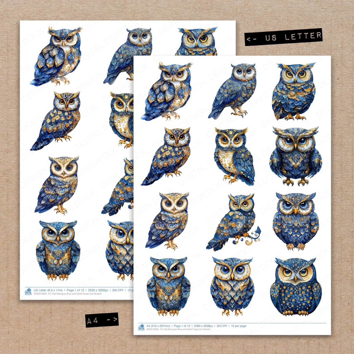 DDD010604_FC Owl Baroque Blue and Gold Fussy Cut Sheets