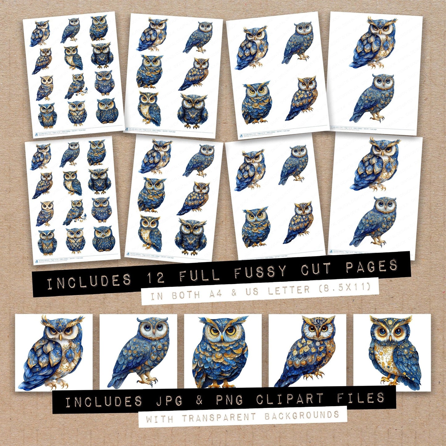 DDD010604_FC Owl Baroque Blue and Gold Fussy Cut Sheets