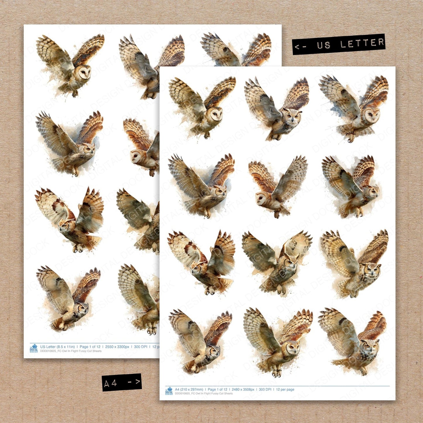 DDD010605_FC Owl In Flight Fussy Cut Sheets