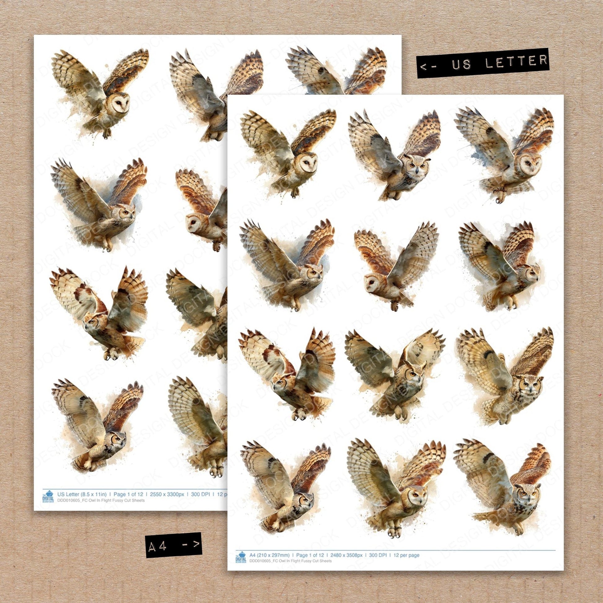 DDD010605_FC Owl In Flight Fussy Cut Sheets