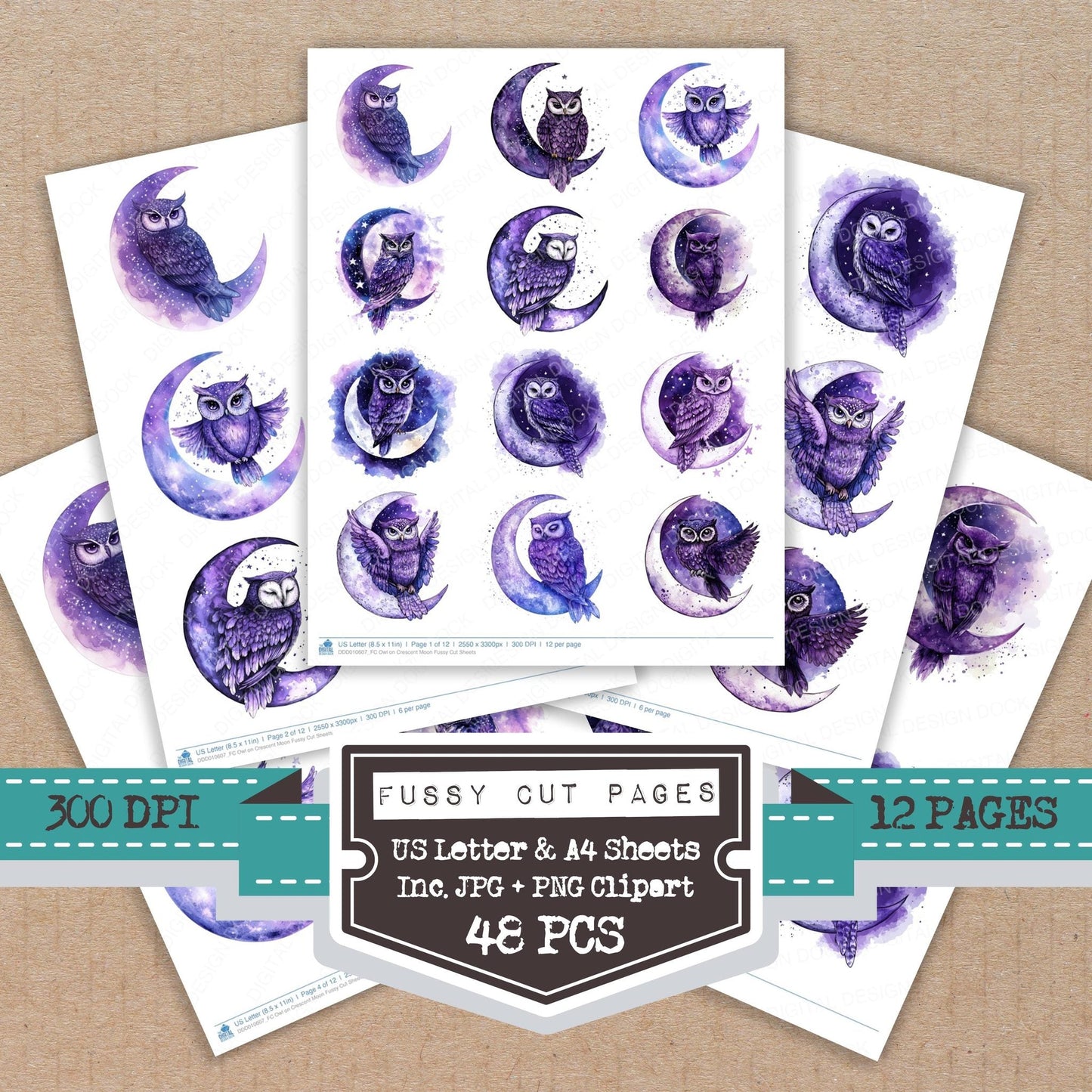 DDD010607_FC Owl on Crescent Moon Fussy Cut Sheets